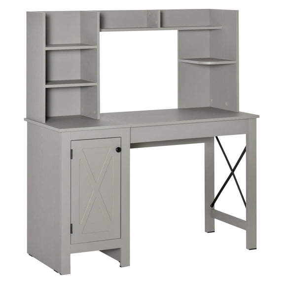 SAZYY Light Grey Computer Desk with Bookshelves and Cabinet, Home Office Desk with Ample Storage, All-in-One Study Table Workstation, Modern Design