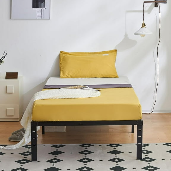 SAZYY  Metal Platform Bed Frame, Double Bed Base Mattress Foundation Replacement, Heavy Duty Steel Slat Support, No Box Spring Needed, Black