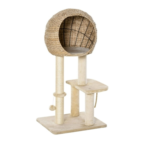 SAZYY Modern Cat Tree with Sisal Scratching Post, Condo & Hanging Rope - 39" Cat Tower for Indoor Cats, Beige
