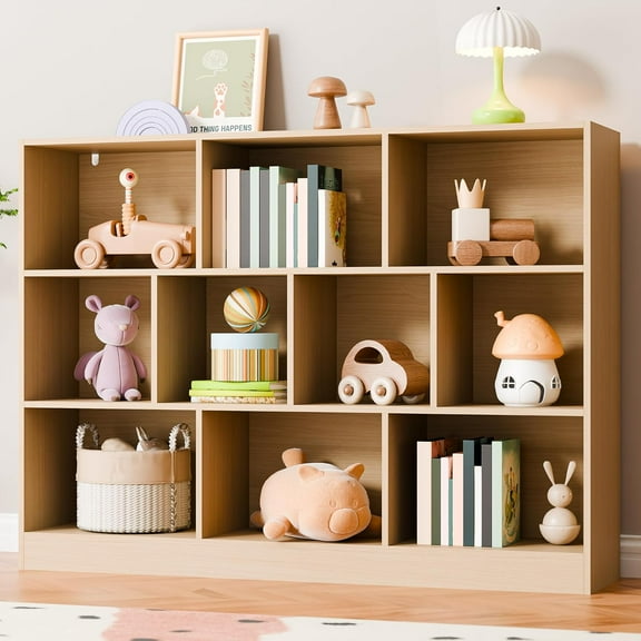 SAZYY Oak Bookshelf, Open Shelf Bookcase, Cube Storage Organizer with Anti-Tilt Device, Freestanding Horizontal Bookshelf Cube Shelf for Bedroom, 43.31"W x 33.07"H Oak