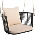 thumbnail image 1 of SAZYY Outdoor Metal Porch Swing, Single Person Hanging Seat w/Woven Rattan Backrest, 2 Sturdy Hanging Ropes, Seat & Back Cushions Included, Heavy-Duty Swing Chair for Front Porch, Backyard, Beige, 1 of 9