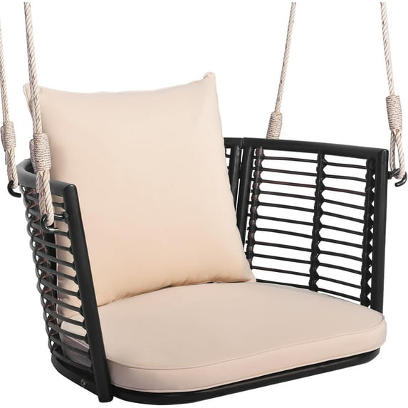SAZYY Outdoor Metal Porch Swing, Single Person Hanging Seat w/Woven Rattan Backrest, 2 Sturdy Hanging Ropes, Seat & Back Cushions Included, Heavy-Duty Swing Chair for Front Porch, Backyard, Beige