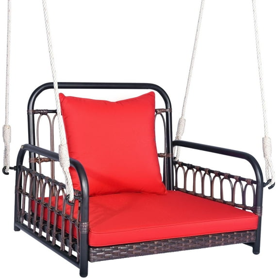 SAZYY Outdoor Metal Porch Swing, Single Person Hanging Seat w/Woven Rattan Backrest, 2 Sturdy Hanging Ropes, Seat & Back Cushions Included, Heavy-Duty Swing Chair for Front Porch, Backyard, Red