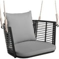 thumbnail image 1 of SAZYY Outdoor Metal Porch Swing, Single Person Hanging Seat w/Woven Rattan Backrest, 2 Sturdy Hanging Ropes, Seat & Back Cushions Included, Heavy-Duty Swing Chair for Front Porch, Backyard, Gray, 1 of 8