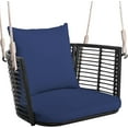 thumbnail image 1 of SAZYY Outdoor Metal Porch Swing, Single Person Hanging Seat w/Woven Rattan Backrest, 2 Sturdy Hanging Ropes, Seat & Back Cushions Included, Heavy-Duty Swing Chair for Front Porch, Backyard,Blue, 1 of 8