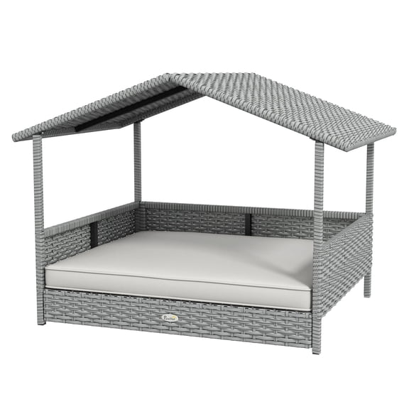 SAZYY Outdoor Wicker Dog Bed with Canopy & Water-resistant Cushion - Rattan Pet House for Garden & Patio, Cream White