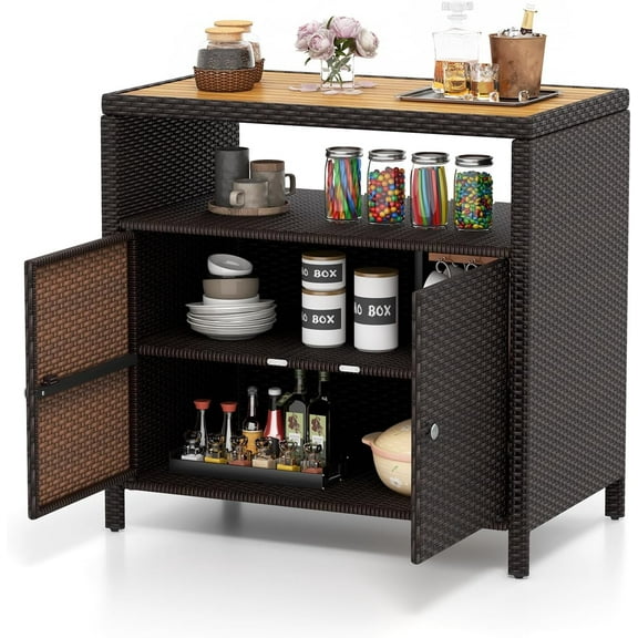 SAZYY Rattan Outdoor Storage Cabinet, Patiojoy Outdoor Cabinet with Acacia Wood Countertop, Open Compartment, 2-Door Wicker Sideboard, Outdoor Bar for Patio Garden Backyard Poolside, Mix Brown
