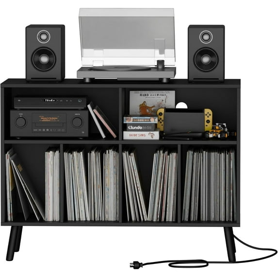 SAZYY Record Player Stand, Turntables Stand with Charging Station and Vinyl Record Storage Holds up to 350 Albums, Record Stand Table for Living Room, Office, Black