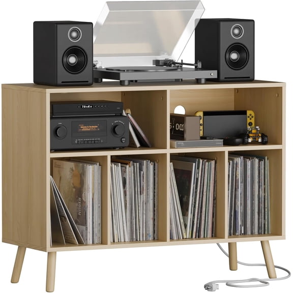 SAZYY Record Player Stand, Turntables Stand with Charging Station and Vinyl Record Storage Holds up to 350 Albums, Record Stand Table for Living Room, Office, Oak