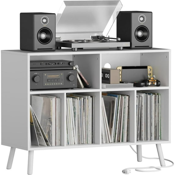 SAZYY Record Player Stand, Turntables Stand with Charging Station and Vinyl Record Storage Holds up to 350 Albums, Record Stand Table for Living Room, Office, White