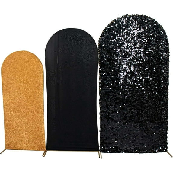 SAZYY Set of 3 Fitted Backdrop Stand Covers with Round Top, French Toile Pattern and Matte Spandex Wedding Arch Frame Covers, Black/Gold
