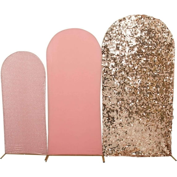 SAZYY Set of 3 Fitted Backdrop Stand Covers with Round Top, French Toile Pattern and Matte Spandex Wedding Arch Frame Covers, Blue/Rose Gold