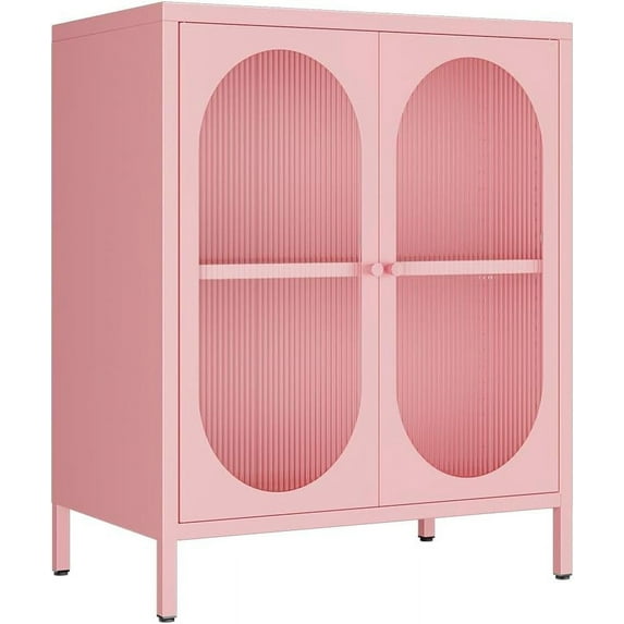 SAZYY Small 2 Transparent Door Metal Storage Side Buffet Cabinet for Bed Room, Living Room,Entryway,Hallway,Home,Hotel,Office,Garage,Kitchen,1 Removable Shelf, Transparent Door Pink