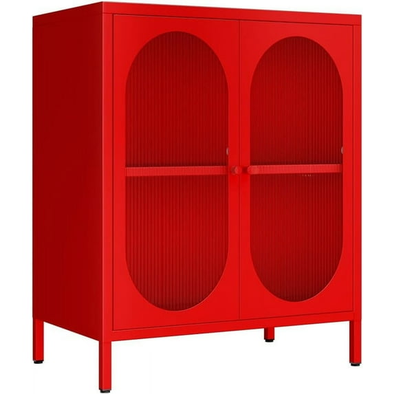SAZYY Small 2 Transparent Door Metal Storage Side Buffet Cabinet for Bed Room, Living Room,Entryway,Hallway,Home,Hotel,Office,Garage,Kitchen,1 Removable Shelf, Transparent Door Red