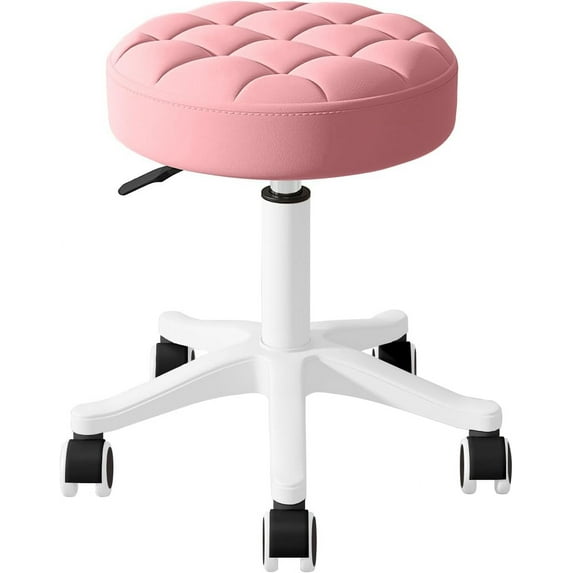 SAZYY Small Round Rolling Desk Chair Armless Comfy Vanity Computer Chair Without Backrest PU Leather Height Adjustable Swivel Work Spa Stool, Set of 1 without backrest Pink