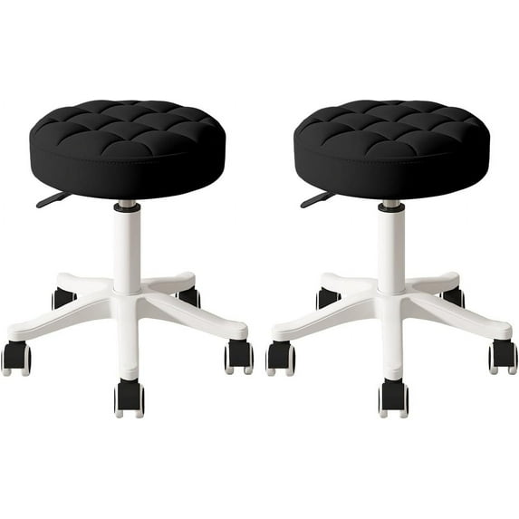SAZYY Small Round Rolling Desk Chair Armless Comfy Vanity Computer Chair Without Backrest PU Leather Height Adjustable Swivel Work Spa Stool, Set of 2 without backrest Black