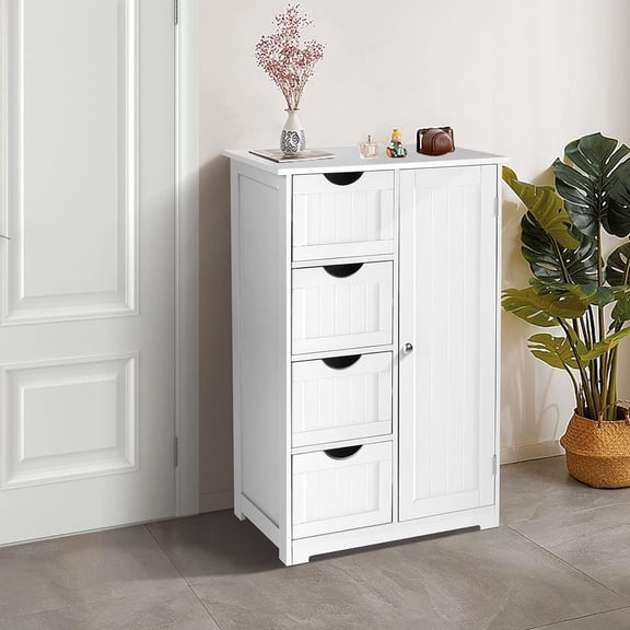 SAZYY Small Storage Cabinet Wooden Bathroom Floor Cabinet Small Space Furniture White Side Storage Organizer with 4 Drawers and 1 Cupboard Adjustable Shelf 22" W x 11.8" D x 32.3" H
