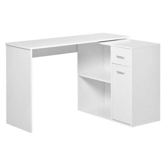 SAZYY White L-Shaped Computer Desk with Rotating Shelves and Drawer, Modern Corner Home Office Workstation, Space Saving Writing Study Table