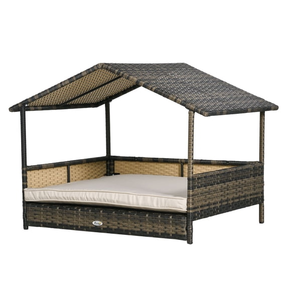 SAZYY Wicker Dog House Indoor Outdoor - Rattan Pet Bed with Removable Cushion Lounge