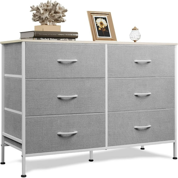 SAZYY Wide Dresser with 6 Drawers, TV Stand for 50" TV, Entertainment Center with Metal Frame, Wooden Top, Fabric Storage Dresser for Bedroom, Hallway, Entryway, Light Grey