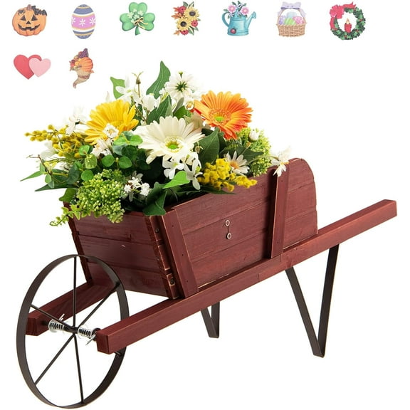 SAZYY Wood Wagon Planter, Small Wheelbarrow Wagon Cart, Indoor & Outdoor Decorative Raised Bed W/ 9 Magnetic Accessories, Flower Pot Wheelbarrow Cart for Garden Backyard, Red