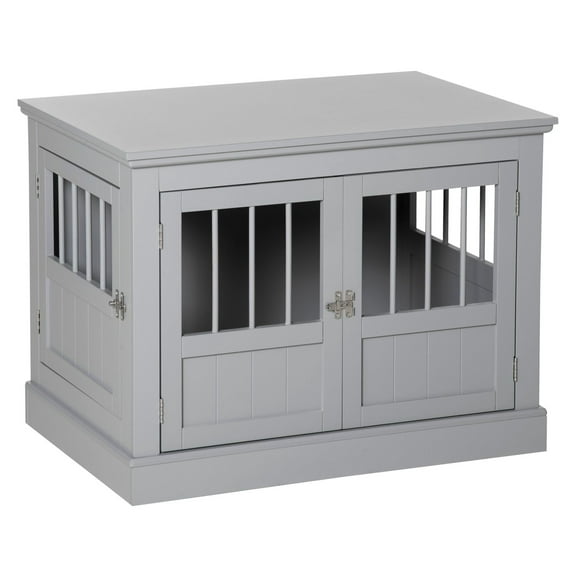 SAZYY Wooden Dog Crate End Table with Triple Doors, Furniture Style Indoor Pet Kennel with Steel Tubes, Pewter Gray
