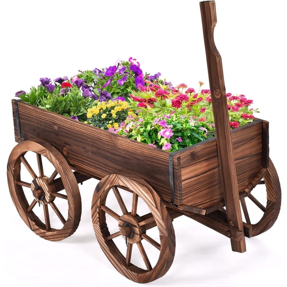 SAZYY Wooden Wagon Planter Box, Mobile Garden Planter with 4 Wheels, Handle, Drain Hole, Decorative Flower Plant for Indoor & Outdoor Decor, Wooden Flower Cart for Patio, Garden,30"L x 17"W x 21"H