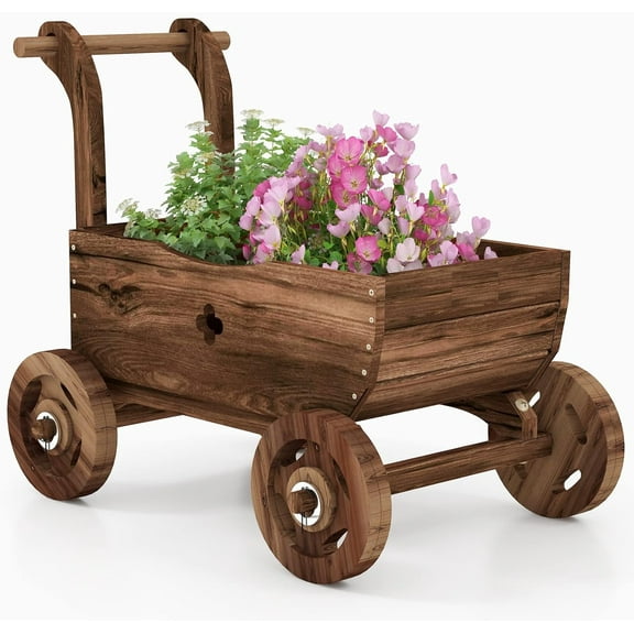 SAZYY Wooden Wagon Planter Box, Mobile Garden Planter with 4 Wheels, Handle, Drain Hole, Decorative Flower Plant for Indoor & Outdoor Decor, Wooden Flower Cart for Patio, Garden, 27"L x 15"W x 21"H
