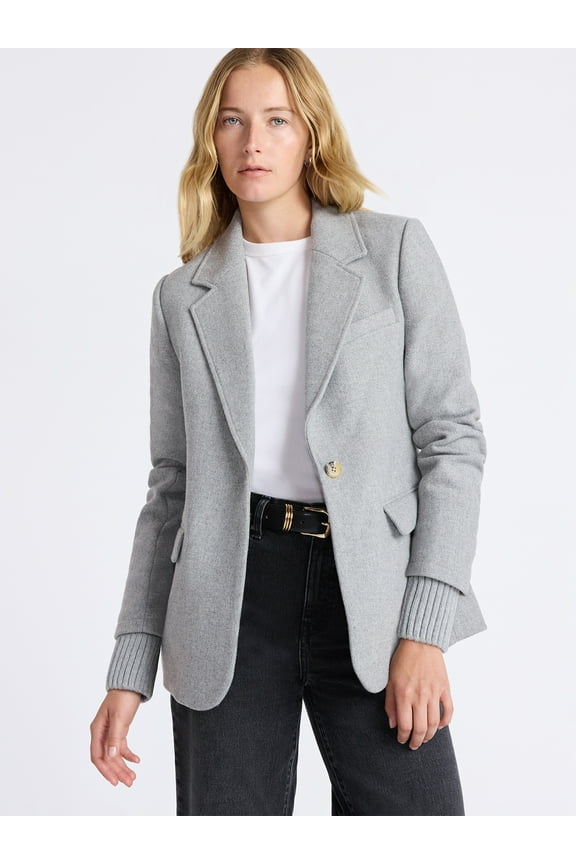 Women's Single Breasted Blazer with Ribbed Sweater Cuffs, Sizes XS-XXL