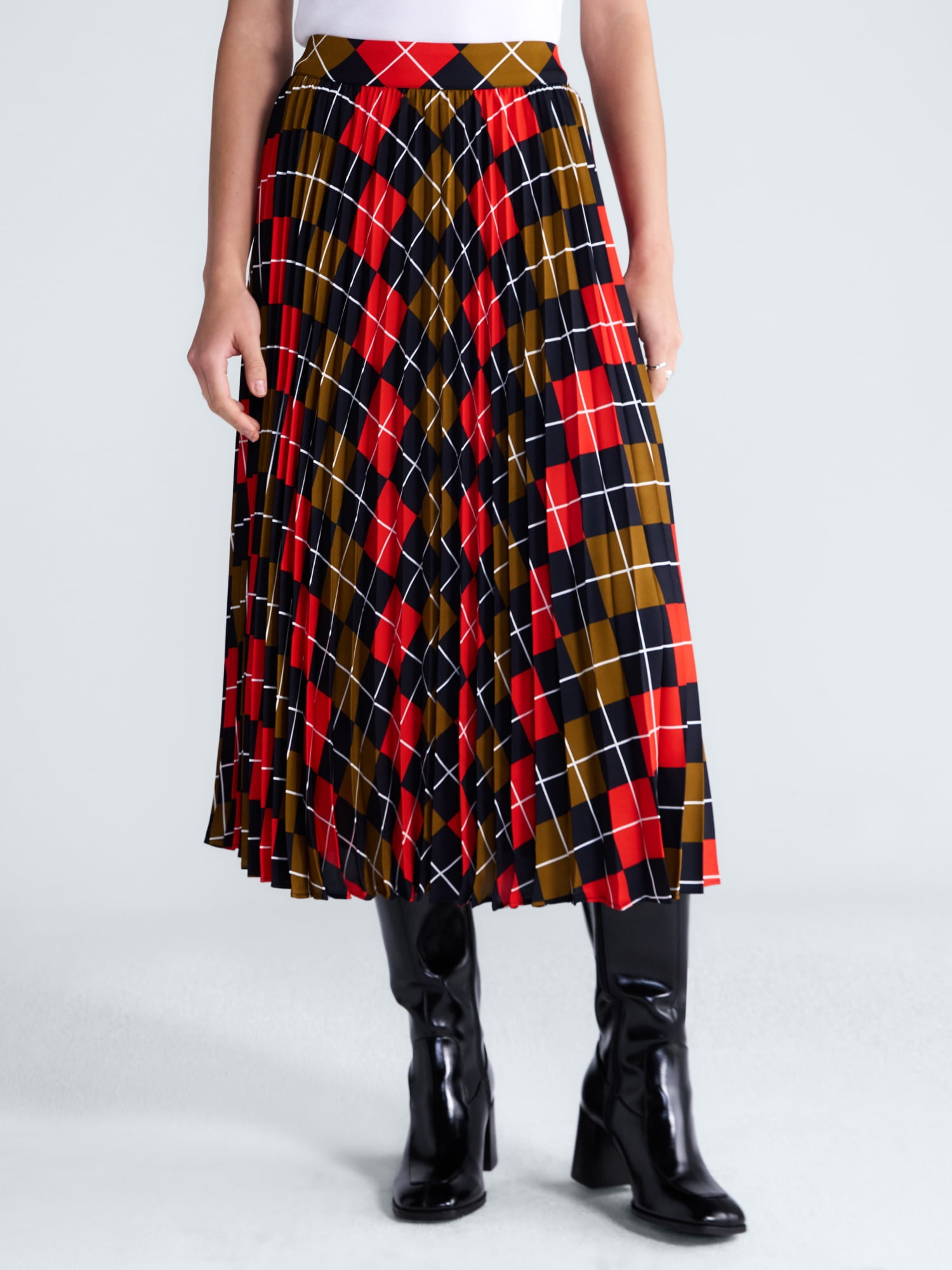 Free Assembly Women's and Women's Plus Sunburst Pleat Argyle Maxi Skirt, Sizes XS-4X