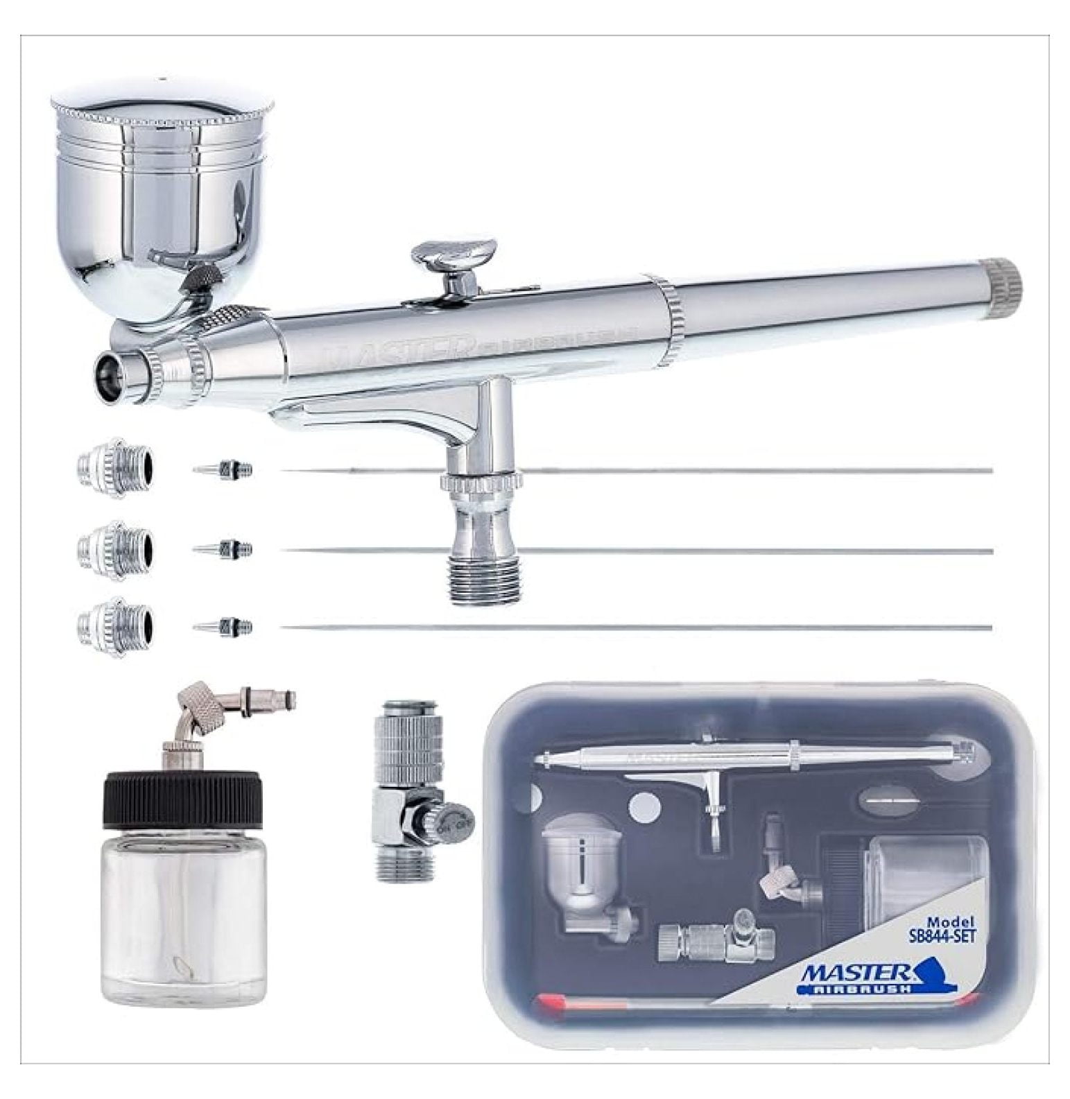 SB844 Pro Airbrush Kit - Dual Action, 3 Nozzles (0.2/0.3/0.5mm), Gravity & Siphon Feed - for Art, Auto, Cake Decorating
