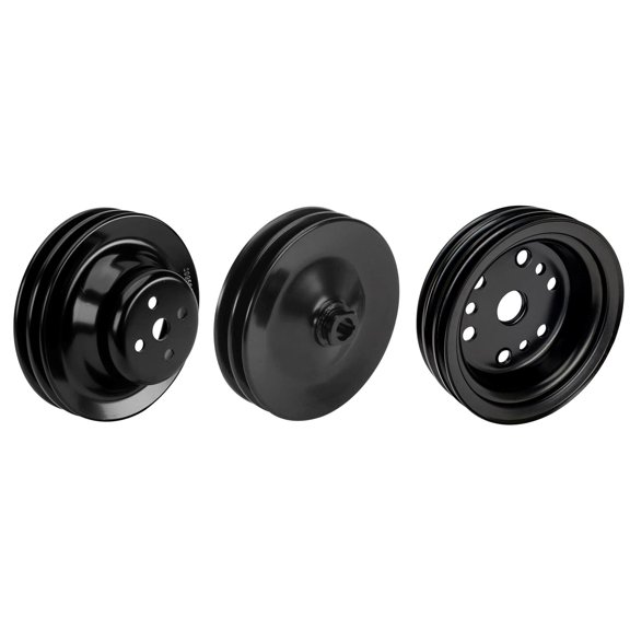Speedway Motors Small Block Chevy Pulley Set for Short Water Pump, 2-Groove Upper and 3-Groove Lower with Double Power Steering Pulley, Satin Black Steel Kit