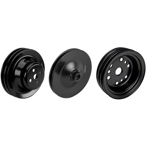 Speedway Motors SBC Satin Black Pulley Set Short Water Pump 2 Groove Upper 3 Groove Lower with Single Groove Power Steering V Belt Steel Construction