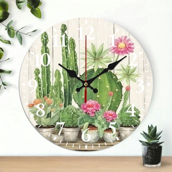 SBEMP 10 Inch Wooden Wall Clock Cactus Pink Flowers Print Battery Operated 10x10in