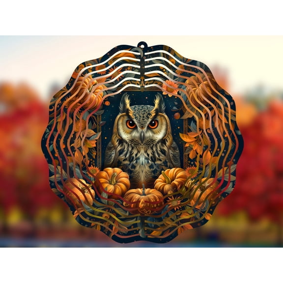 SBEMP Autumn Owl 10 Inch Metal Wind Spinner, Kinetic Garden Decor, Outdoor Hanging Wind Spinner