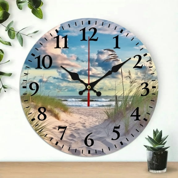 SBEMP Beach Grass Clouds Wall Clock for Living Room Decor, 10 Inch Frameless Silent Clock for Bedroom, Kitchen, Office - Decorative Wall Clocks for Home 10x10in