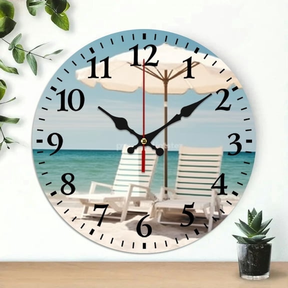 SBEMP Beach Theme Wooden Wall Clock 10 Inch Round Decorative Clock for Living Rooms, Kitchens, Dorms - Practical Everyday Gift 10x10in