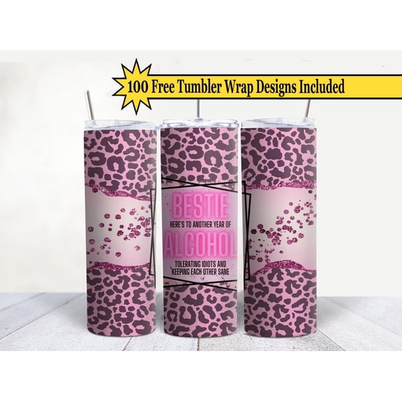 SBEMP Bestie Leopard Print Tumbler 20Oz Straight Skinny Tumbler - Stainless Steel Double Wall Insulated With Lid And Straw