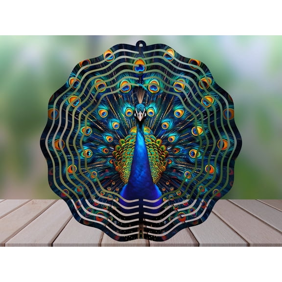 SBEMP Blue Peacock 10 Inch Metal Wind Spinner, Kinetic Garden Decor, Outdoor Hanging Wind Spinner