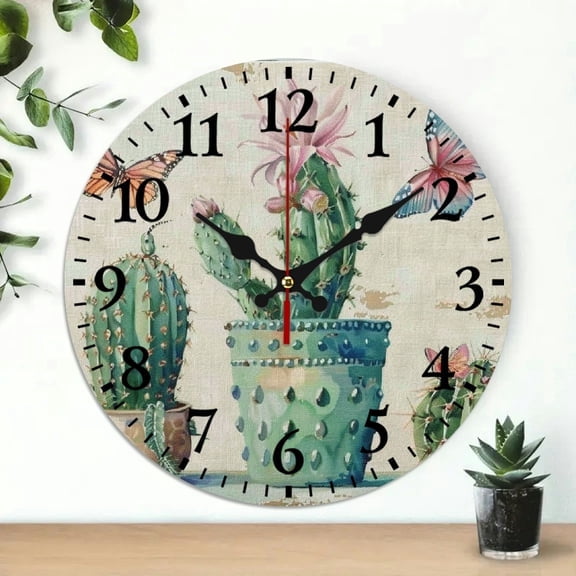 SBEMP Cactus Butterfly Wooden Wall Clock Battery Operated Wall Art Decor 10 Inch Frameless Silent Analog Clock for Living Rooms and Kitchens 10x10in