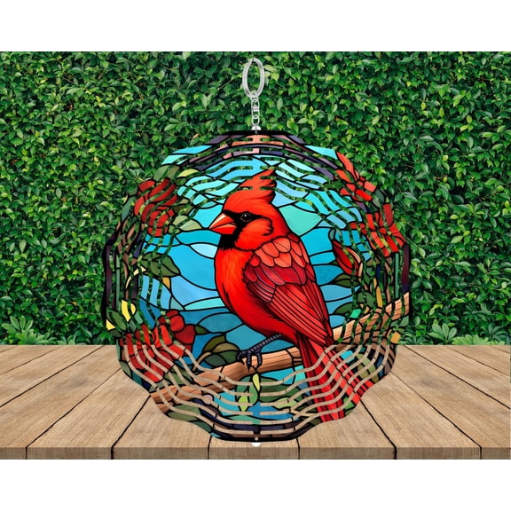 SBEMP Cardinal Wind Spinner, Faux Stained Glass Red Bird Garden Decor, Aluminum Outdoor Art Gift