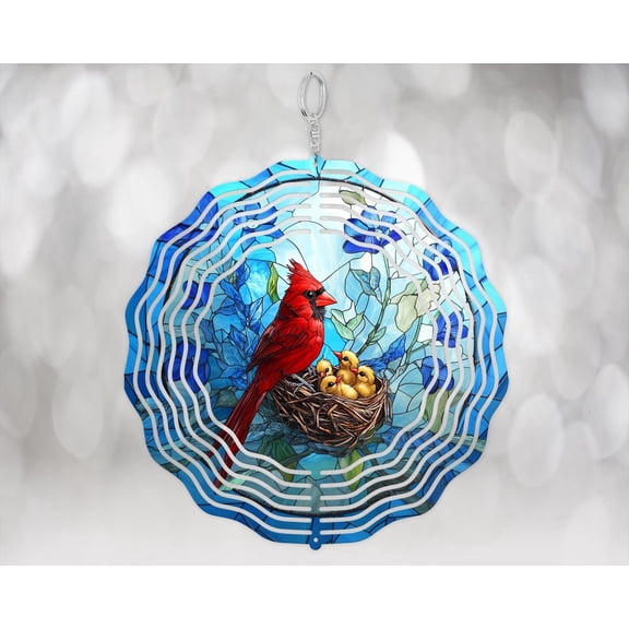SBEMP Cardinal Wind Spinner Red Bird Nest Stained Glass Style Garden Aluminum Outdoor Decor