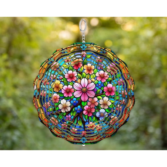 SBEMP Cherry Blossom Wind Spinner, Faux Stained Glass Spring Floral Garden Decor