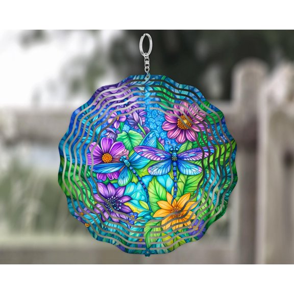 SBEMP Dragonfly Floral Wind Spinner, Faux Stained Glass Style Garden Decor, Nature Art Gift