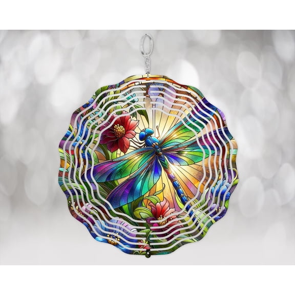 SBEMP Dragonfly Wind Spinner: Colorful Faux Stained Glass Garden Art