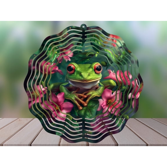 SBEMP Friendly Frog 10 Inch Metal Wind Spinner, Kinetic Garden Decor, Outdoor Hanging Wind Spinner
