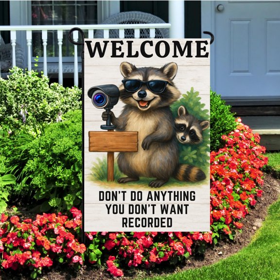 SBEMP Funny Raccoon Security Camera Garden Flag Welcome Don't Get Recorded Porch Decor