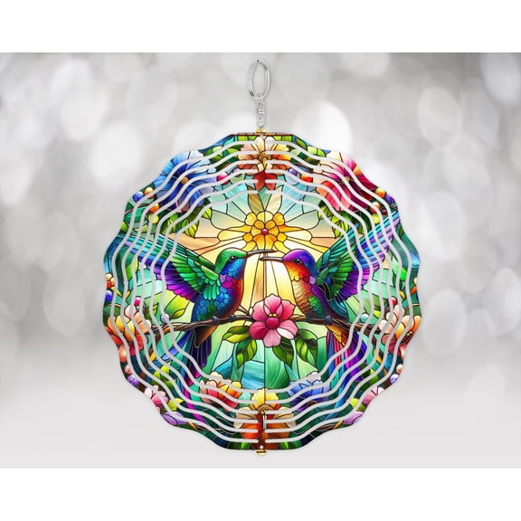 SBEMP Garden Hummingbird Wind Spinner, Faux Stained Glass (10-Inch Double Sided)