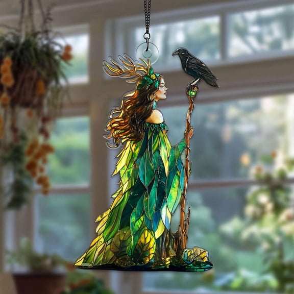 SBEMP Goddess Acrylic Suncatcher, Nature Spirit Window Hanging with Raven, Mystical Fairy Queen Home Decor, Gothic Witches Gift, Halloween Gift