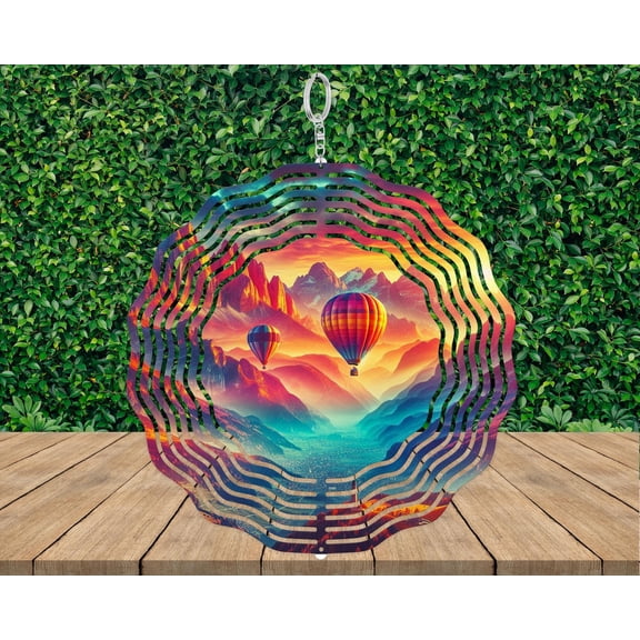 SBEMP Hot Air Balloon Wind Spinner, Mountain Sunset Garden Decor, Aluminum Outdoor Art Gift